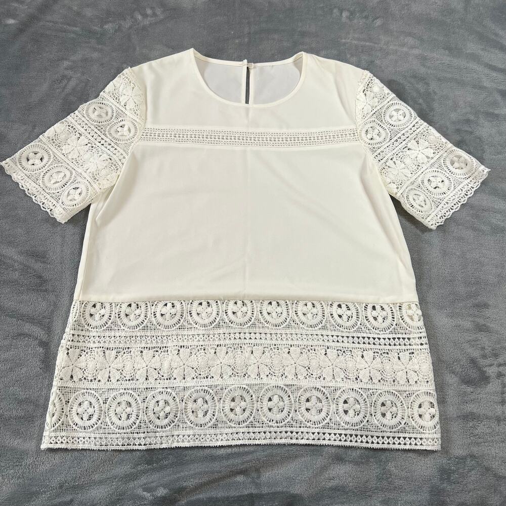 Women's Crewneck Crochet Lace Trim Blouse Size M Semi Sheer Boho Cottagecore